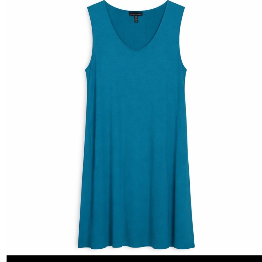 Eileen Fisher Sleeveless V Neck Knit Shift Dress Teal‎ Size Large Midi Stretch